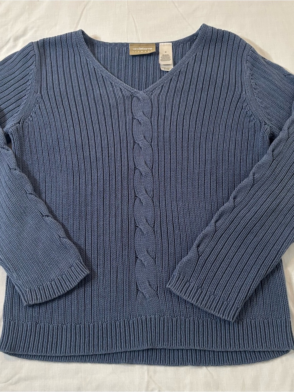 Liz Claiborne Dusty Blue Cable-Front V-Neck Sweater